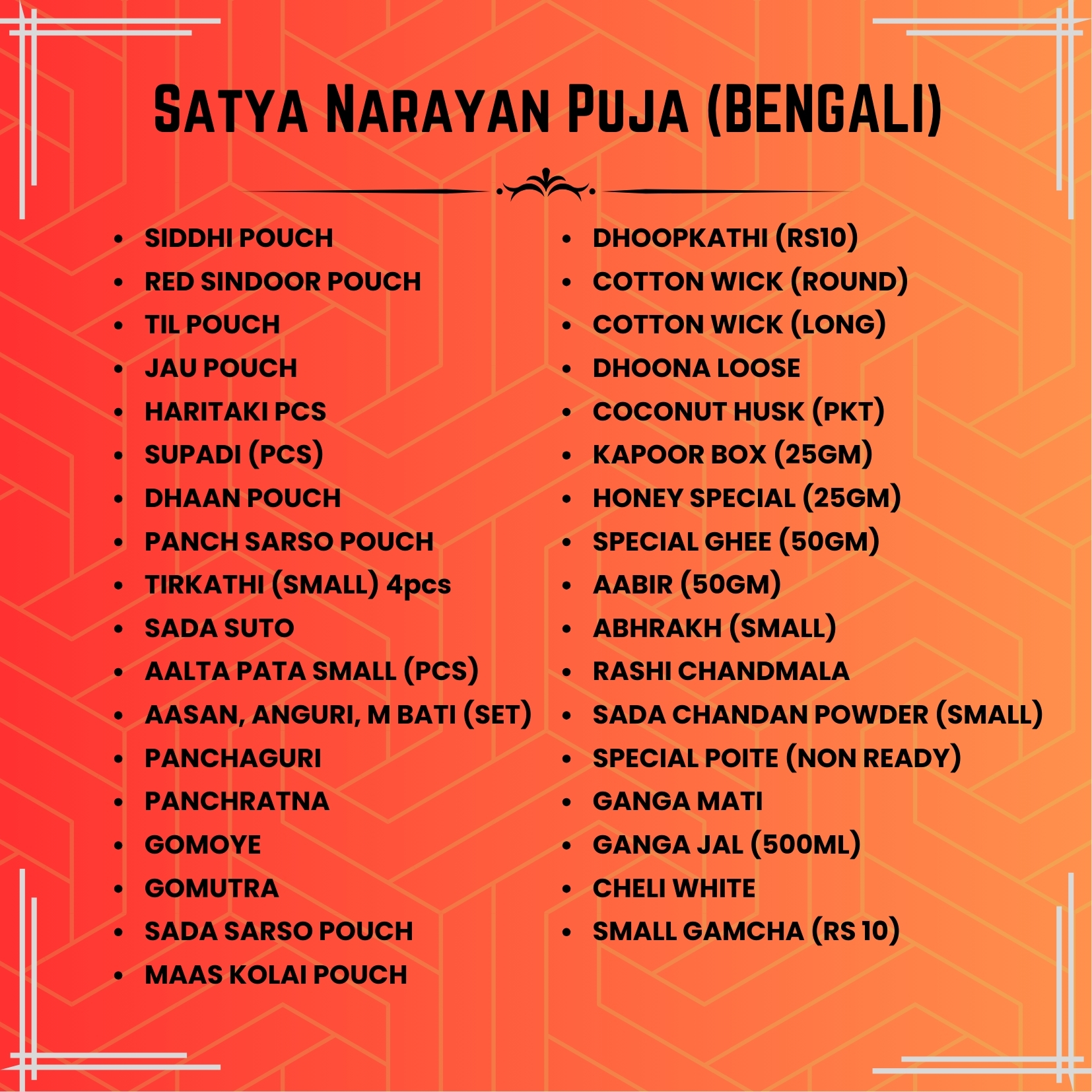 Satyanarayan Puja List (Bengali Rituals)