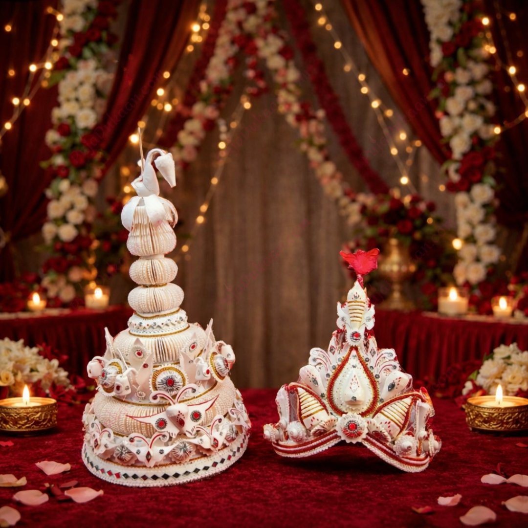 Topor Mukut Set For Bengali Wedding (Butterfly Design Red)