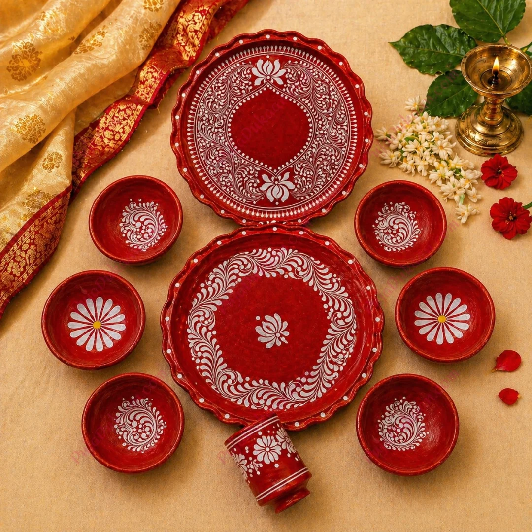 Clay Made Thali Set with Bowl & Glass – Classic Floral Pattern