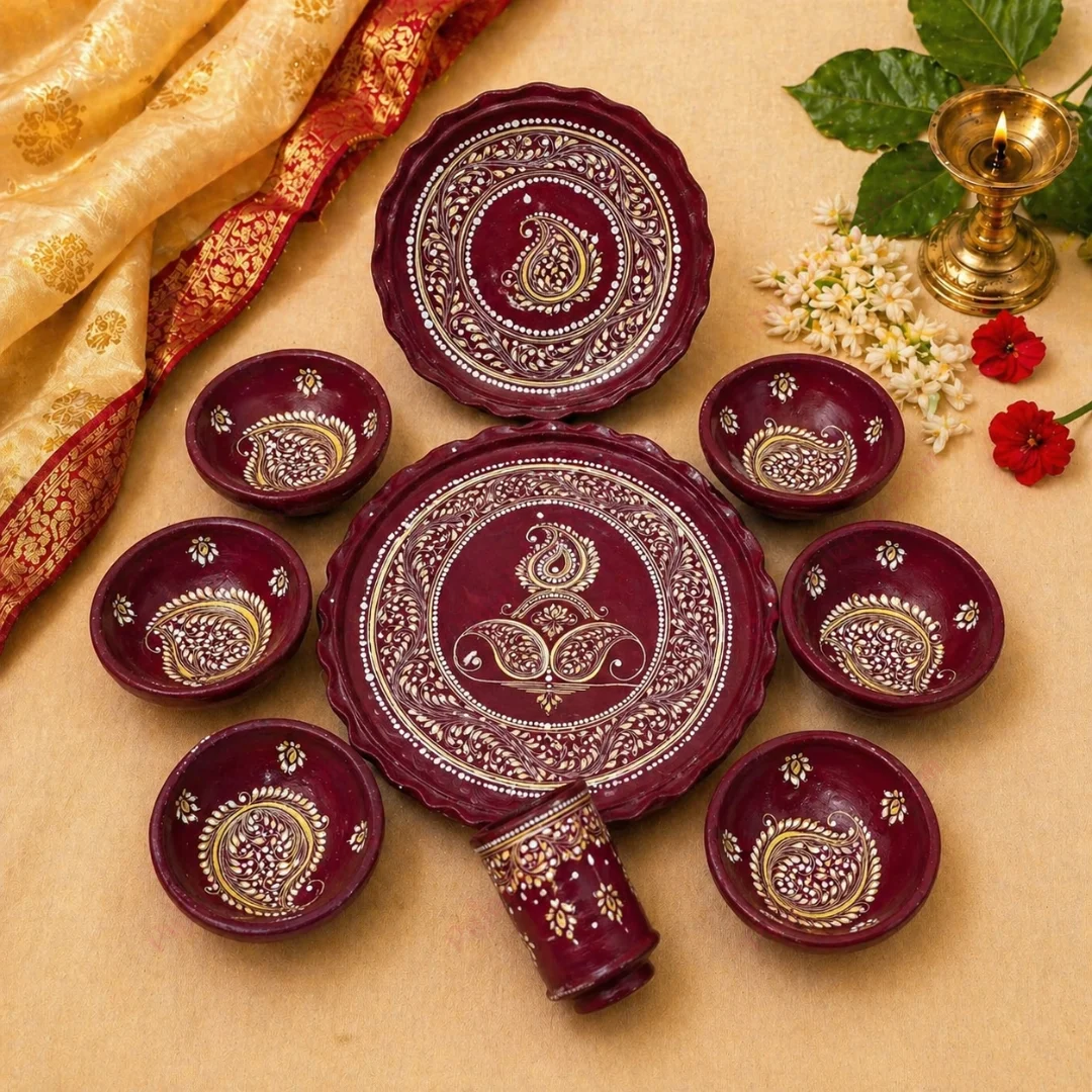 Clay Made Thali Set with Bowl & Glass – Classic Red Ethnic Style