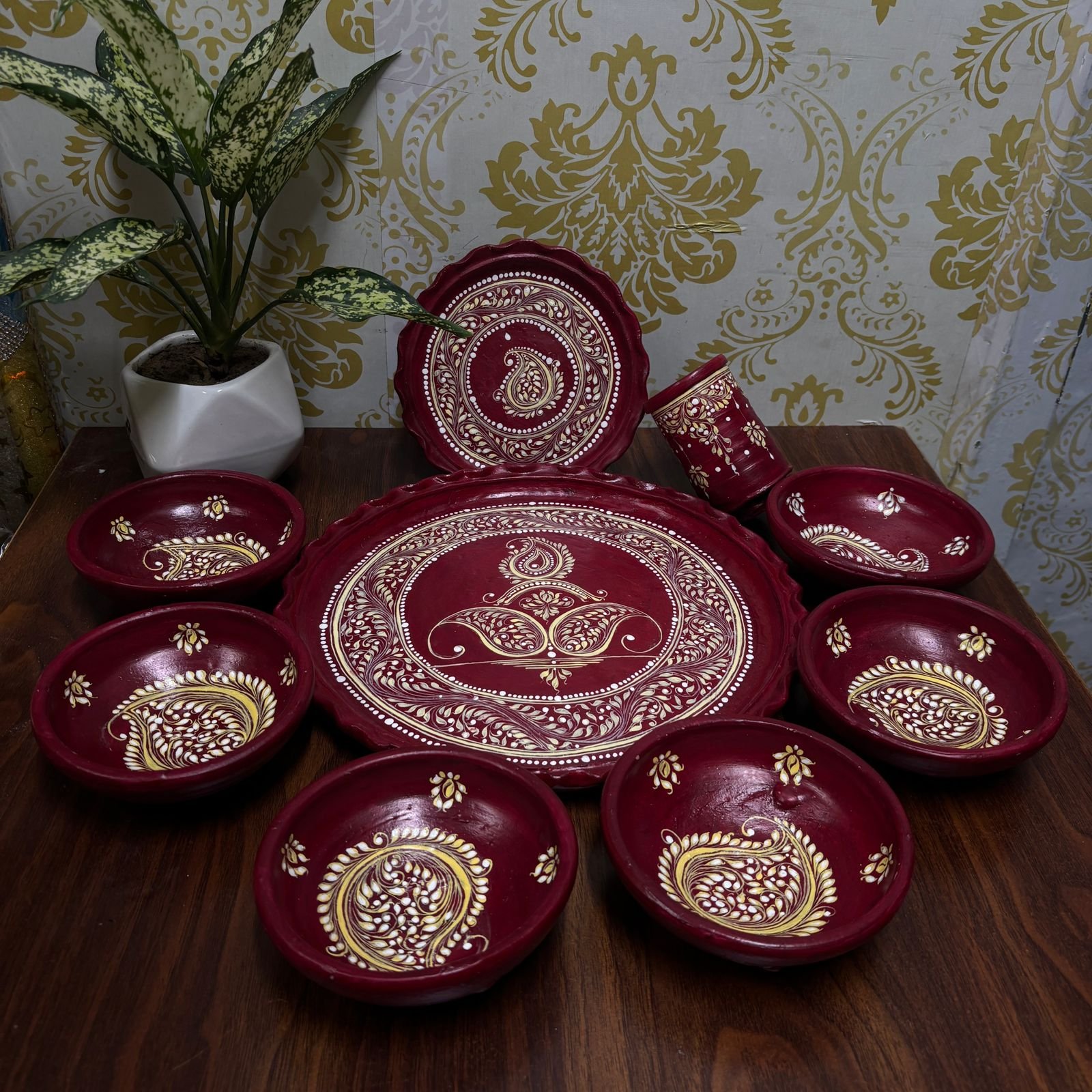 Clay Made Thali Set With Bowl And Glass (Handpainted) A3