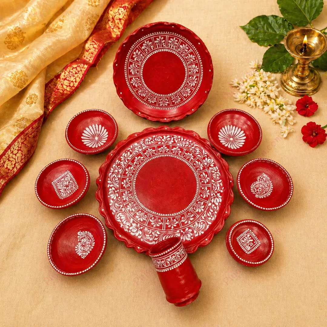 Clay Made Thali Set with Bowl & Glass – Floral Handpainted Design