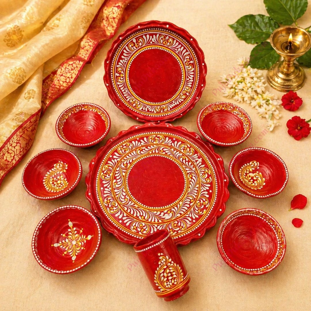 Clay Made Handpainted Thali Set with Bowl & Glass | Traditional Puja Wedding Set