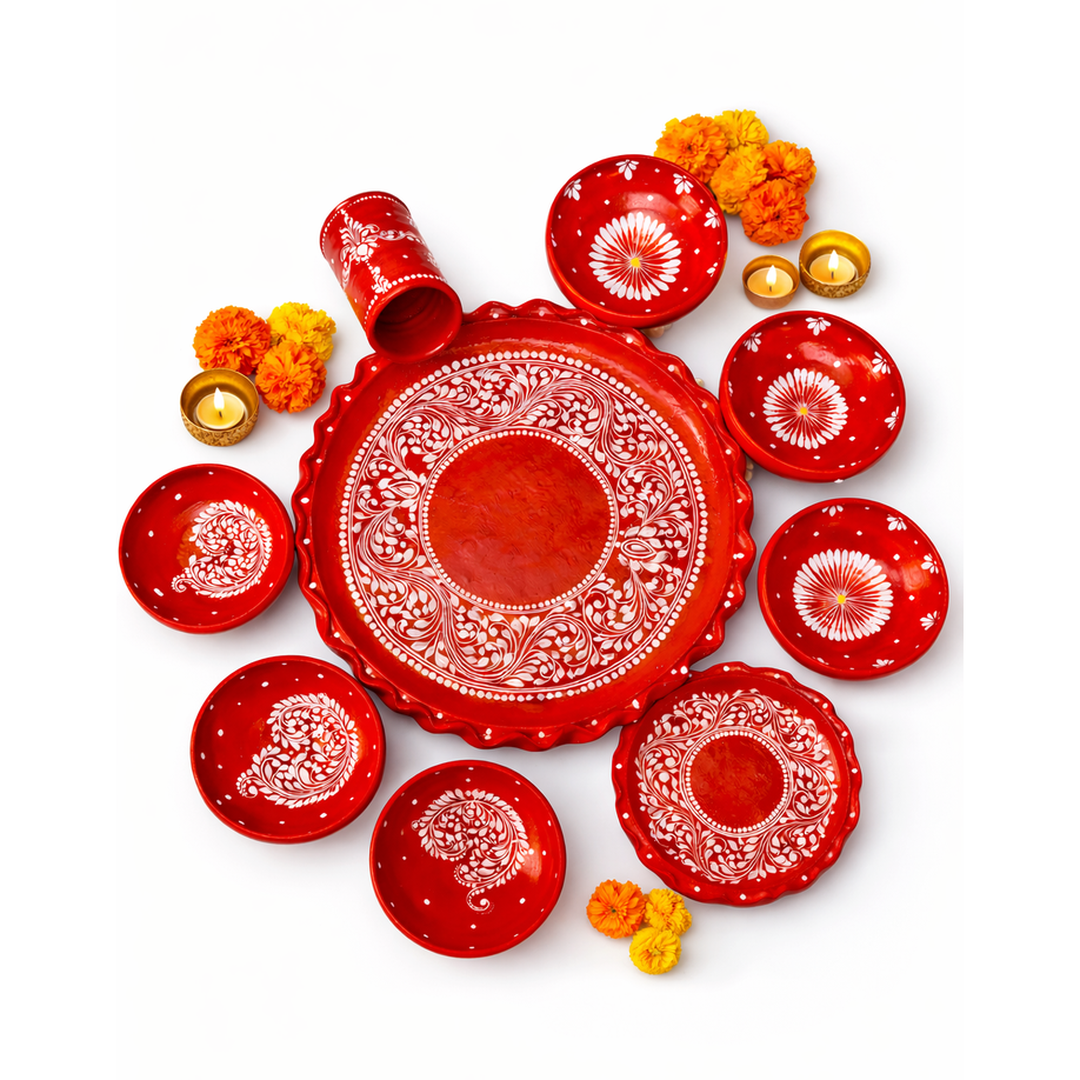Clay Made Thali Set With Bowl And Glass (Handpainted) A7