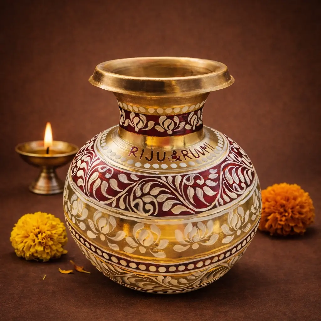 A person holding an 8-inch traditional brass Kalshi in their hands to show its 1-liter scale and intricate hand-painted detailing.
