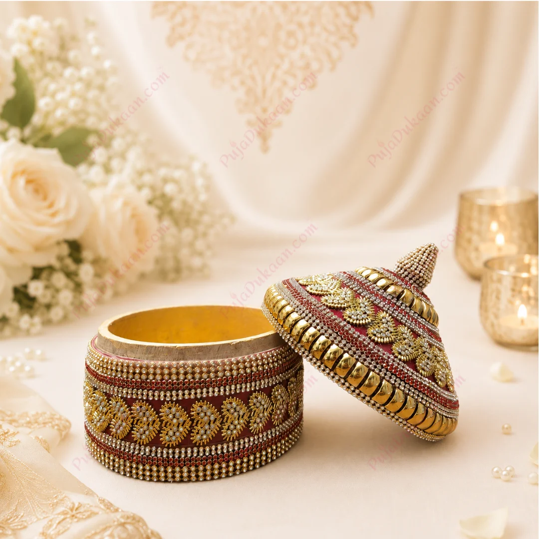 Premium Wooden Sindhora / Sindoor Box Rounded (Stone Work A2) - Image 3