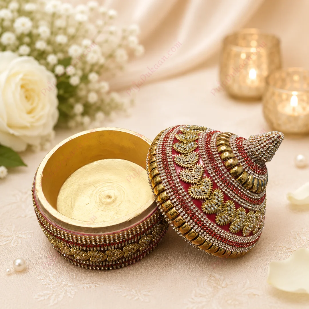 Premium Wooden Sindhora / Sindoor Box Rounded (Stone Work A2) - Image 2