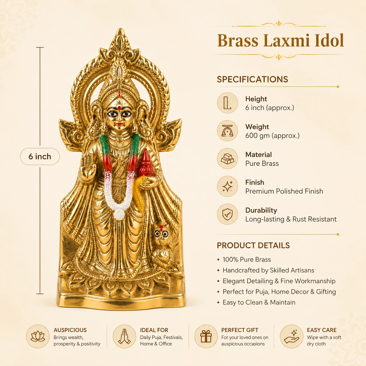 Pure Brass Kojagari Laxmi Idol 6 inch – Chaach